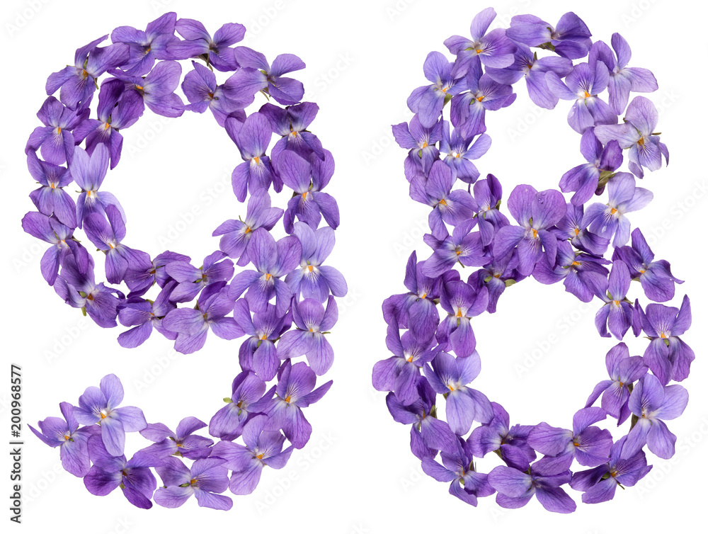 Arabic numeral 98, ninety eight, from flowers of viola, isolated on white background Arabic numeral 98, ninety eight, from flowers of viola, isolated on white background