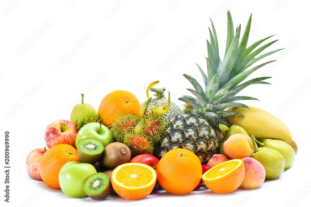 Group of tropical fresh fruits and vegetables isolated on white background Group of tropical fresh fruits and vegetables isolated on white background