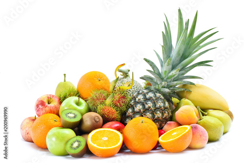 Fototapeta Naklejka Na Ścianę i Meble -  Group of tropical fresh fruits and vegetables isolated on white background