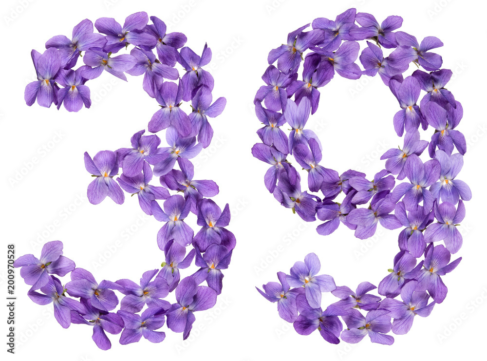Arabic numeral 39, thirty nine, from flowers of viola, isolated on white background Arabic numeral 39, thirty nine, from flowers of viola, isolated on white background