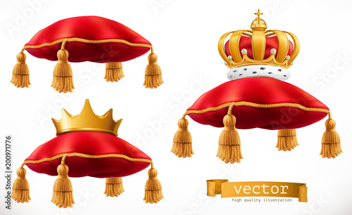 Royal pillow and crown. 3d vector icon set