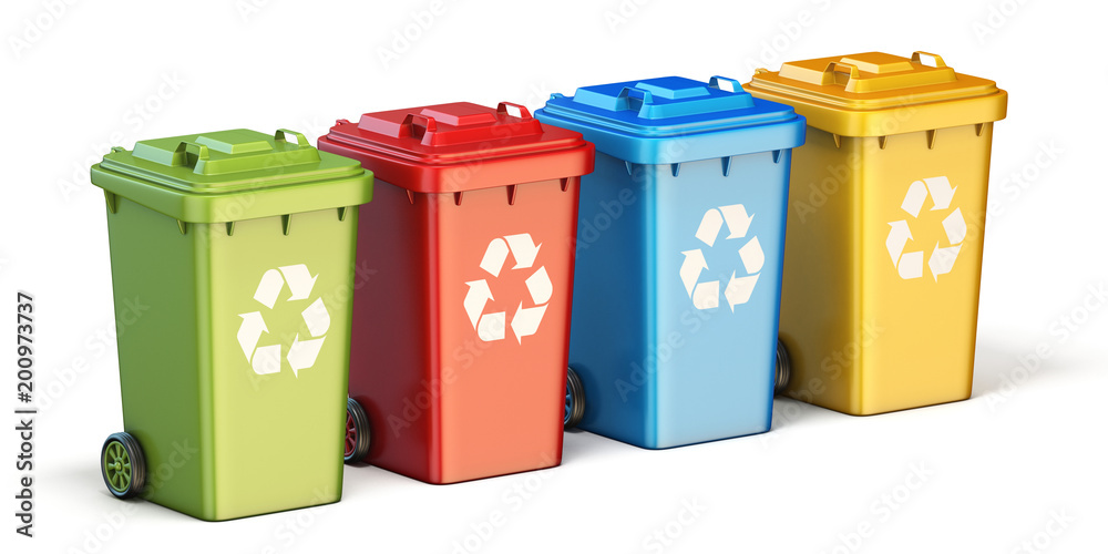 Containers for recycling waste sorting plastic, glass, metal, paper side view. 3D Containers for recycling waste sorting plastic, glass, metal, paper side view. 3D
