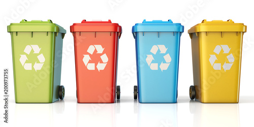 Containers for recycling waste sorting plastic, glass, metal, paper front view 3D