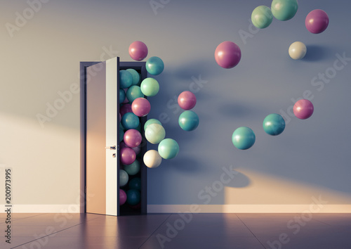 Balloons fly away through open door