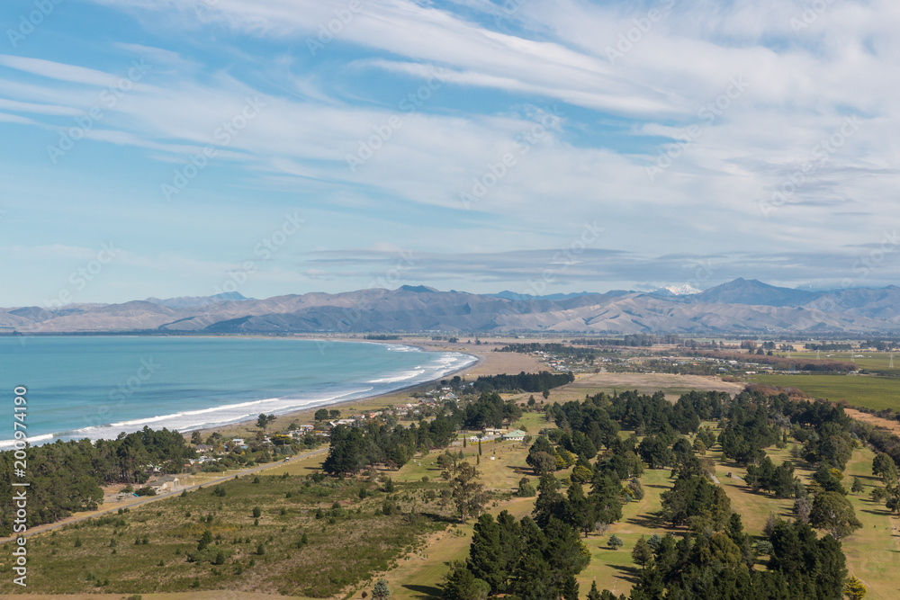 aerial view of Cloudy Bay with Rarangi beach in New Zealand