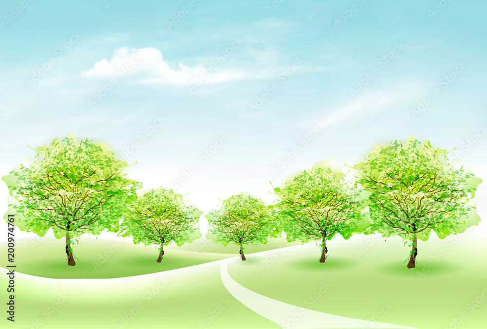 Summer nature background with green trees and landscape. Vector. Summer nature background with green trees and landscape. Vector.