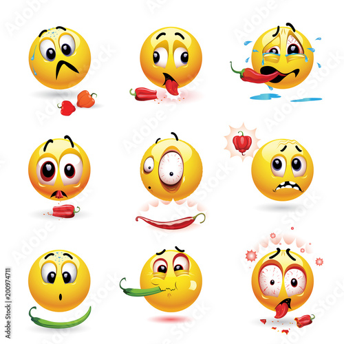 Smiley making funny faces while eating chili. Very hot chili pepper causing pain and fear to smiley who eats it. Hot pepper challenge.