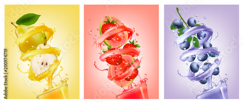 Set of fruit in juice splashes. Pear, strawberry, blueberry, guava. Vector.