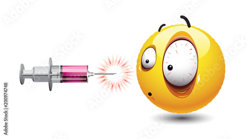 Smiley ball looking at injection. Freaked out face of smiley surrounded with various vaccine injections ready to stab.