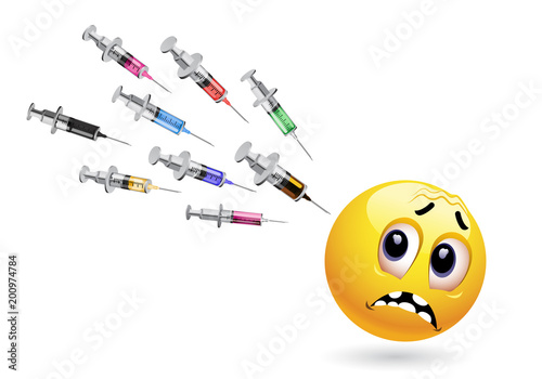 Smiley ball looking at injection. Scared face of smiley with vaccine injection going toward him ready to stab.