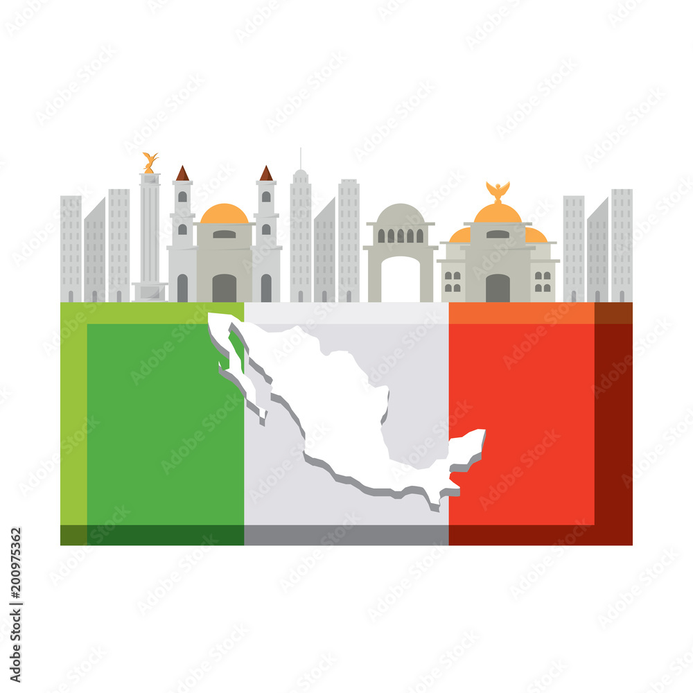 flag of mexico with iconic mexican building icon over white background, colorful design. vector illustration