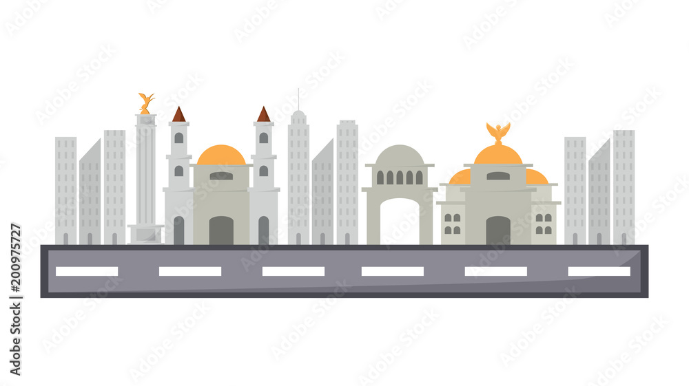 road with mexican buildings over white background, colorful design. vector illustration