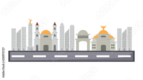 road with mexican buildings over white background, colorful design. vector illustration