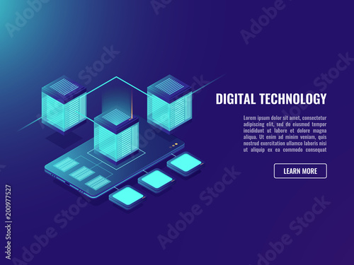 Uploading file on cloud storage concept, isometirc vector smartphone, server room, mobile application install, data stora, software package neon dark ultraviolet