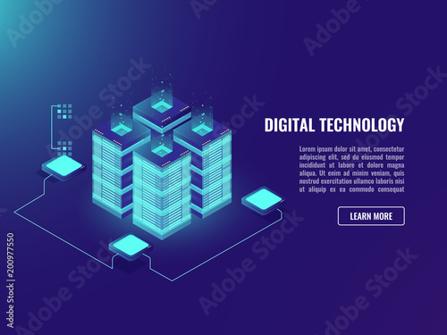 Big datacenter, isometric vector processing data concept, server room, cloud storage technology blockchain neon ultraviolet