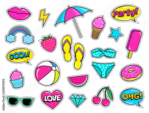 Set of cute summer fashion patches, strawberry, slippers, swimsuit, beach umbrella, ball,ice-cream, donut, lips, watermelon, cherry, cupcake, speech bubbles etc. Cartoon stickers. Vector illustration