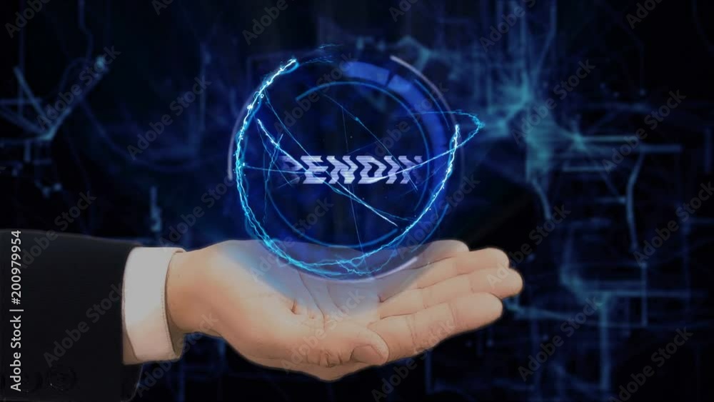 Painted hand shows concept hologram Trending on his hand. Drawn man in business suit with future technology screen and modern cosmic background Painted hand shows concept hologram Trending on his hand. Drawn man in business suit with future technology screen and modern cosmic background
