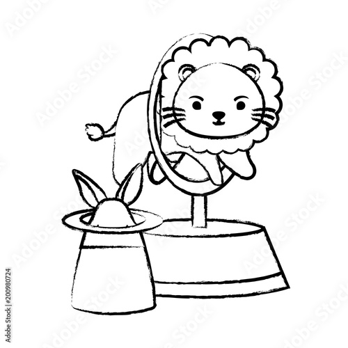 sketch of circus lion and magic hat over white background, vector illustration