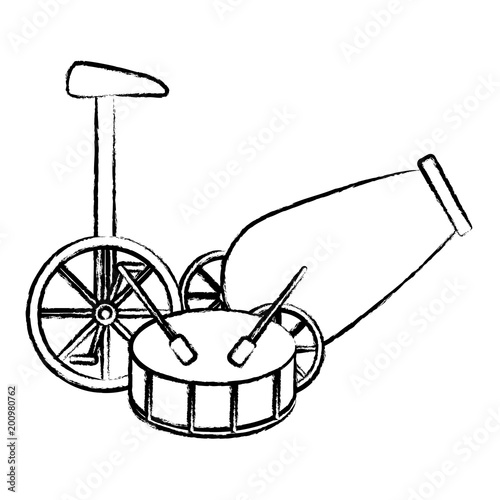 sketch of circus carnival design with canon with drum and monocycle over white background, vector illustration