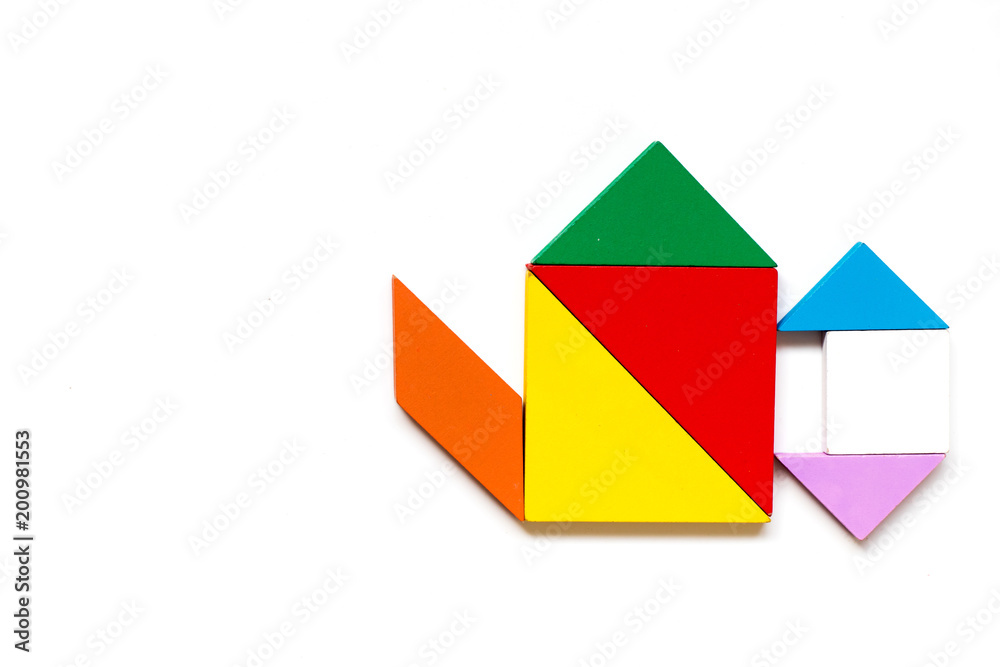 Color wood tangram puzzle in water pot shape on white background Color wood tangram puzzle in water pot shape on white background