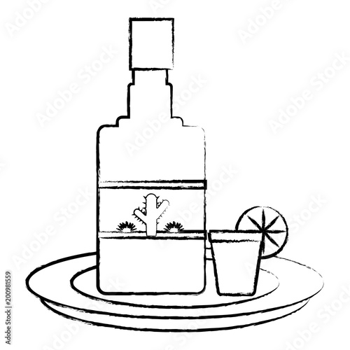 sketch of tequila bottle and shot icon over white background, vector illustration