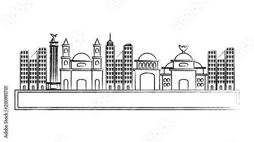 sketch of road with mexican buildings over white background, vector illustration