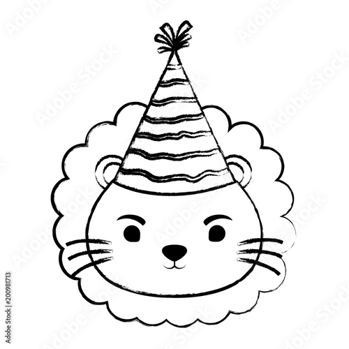 sketch of cute lion with party hat over white background, vector illustration