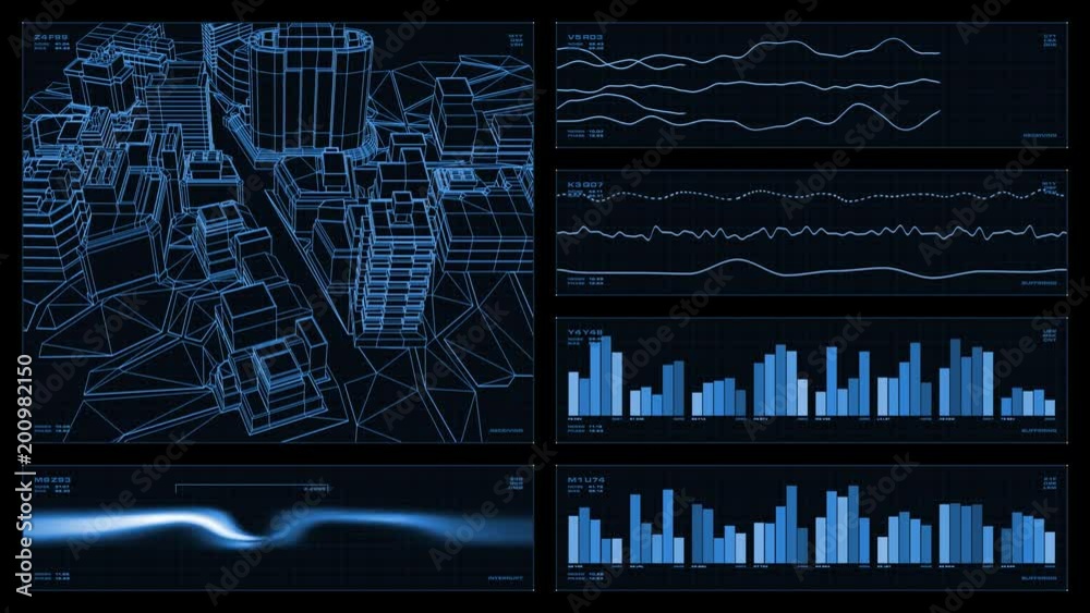 Monochromatic multi-panel visual display: city wireframe, graphs, readouts, indicators. Reversible seamless loop. 
