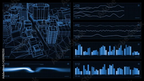 Monochromatic multi-panel visual display: city wireframe, graphs, readouts, indicators. Reversible seamless loop. 
