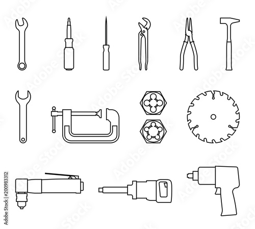 Power and hand tools icon set. Vector thin line