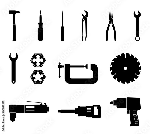 Power and hand tools icon set. Silhouette vector