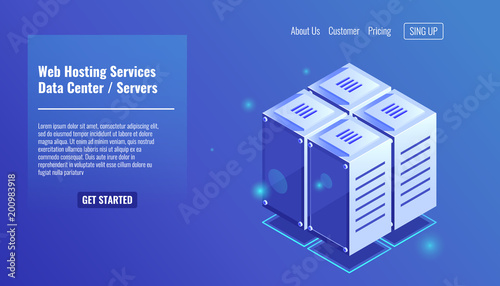 Server room, isometric rack icon, website hosting services, datacenter concept vector illustration