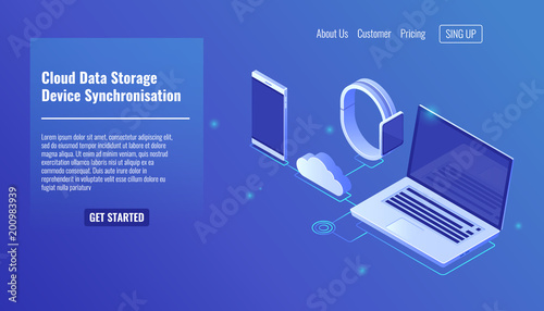 Cloud data server storage, electronic devices data synchronization, mobile phone smartphone, smartwatch, laptop isometric vector icons