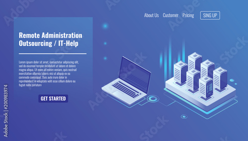 Remote administration service, outsourcing concept, it help, server room rack, database query isometric vector icon