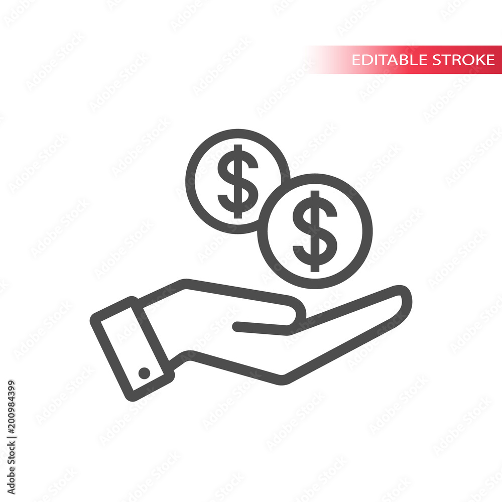 Outline flat icon of dollar coins falling in hand. Hand and coins dropping web pictograph. Dollars coin and a palm. Outline flat icon of dollar coins falling in hand. Hand and coins dropping web pictograph. Dollars coin and a palm.