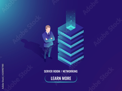 Server room isometric vector, cloud storage concept, super computer, big data processing, web hosting, abstract geometry object