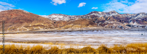 Panorama of the Winter Landscape in the semi desert of the Thompson River Valley between Kamloops and Cache Creek in central British Columbia, Canada