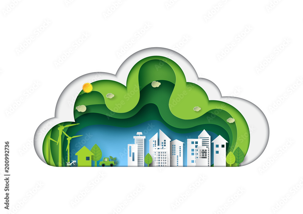 Green eco friendly urban city with paper layer cut abstract nature   and environment conservation concept design paper art   illustration. Stock Vector | Adobe Stock