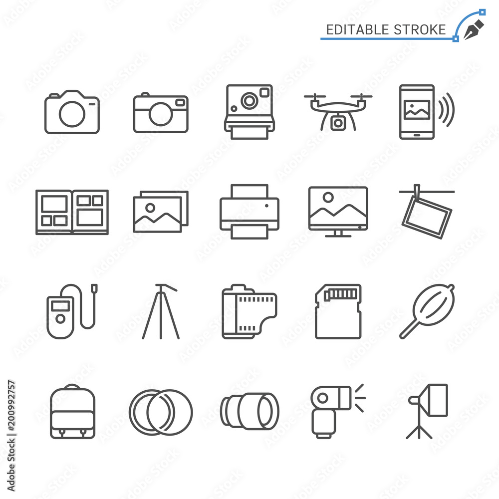 Photography line icons. Editable stroke. Pixel perfect.
