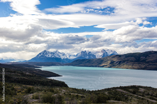Torres del Paine National Park, Patagonia, Chile. The Turquoise Lake Pehoe and the Majestic Cuernos del Paine Horns of Paine