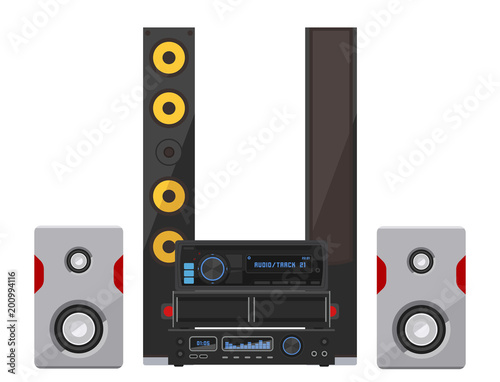 Acoustic sound system stereo flat vector music loudspeakers player subwoofer equipment technology.