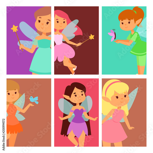 Fairies princess cards fairy girl vector character cute beautiful style cartoon little fairyland fashion costume magic fantasy dress fairytale crown kid.