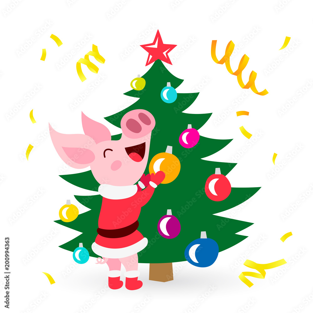 Naklejka premium Cute pig dresses a Christmas tree
