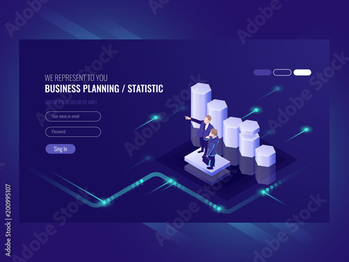 Business planning, statistic, illustration with two businessman, team leader and common efforts, e commerce success isometric vector ultraviolet