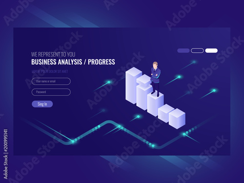 Business analysis and progress concpet, businessman, schedule of data, strategy isometric, chart moves up, vector ultraviolet
