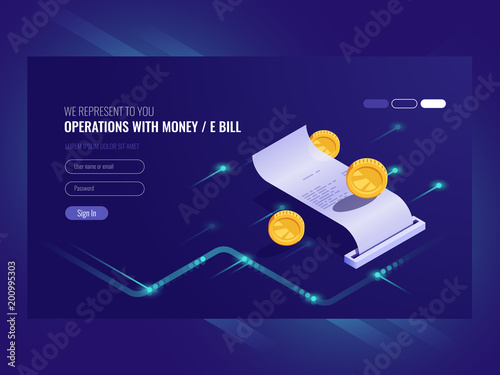 Operations with money, electronic bill, coin, chash transaction, payment online isometric vector ultraviolet photo