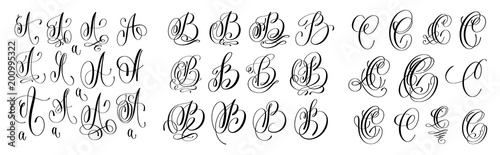 calligraphy letters set A  B and C  script font Isolated on whit