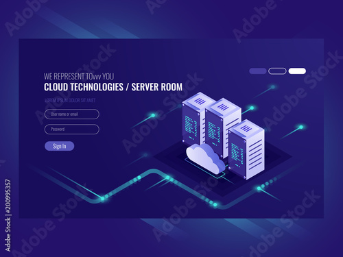 Cloud data center, server room icon, information request processing, computer technologies, isometric vector ultraviolet