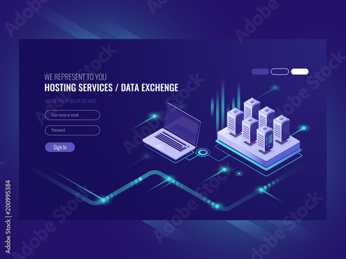 Web sites hosting services, server room rack, data center, data searching, network administration isometric vector ultraviolet