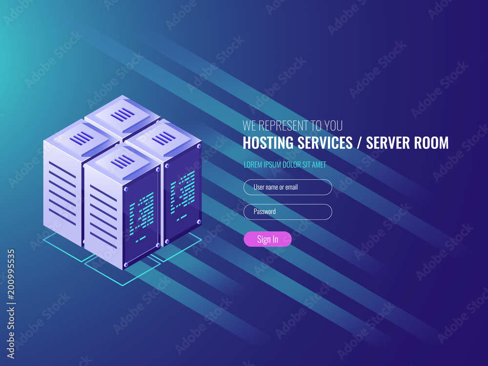 Processing center, server room rakcs, data center concept, form of user